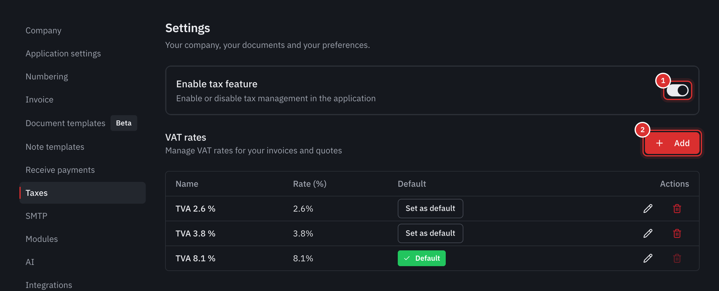The Taxes tab: the Enable tax feature switch and the list of VAT rates, with the default rate.