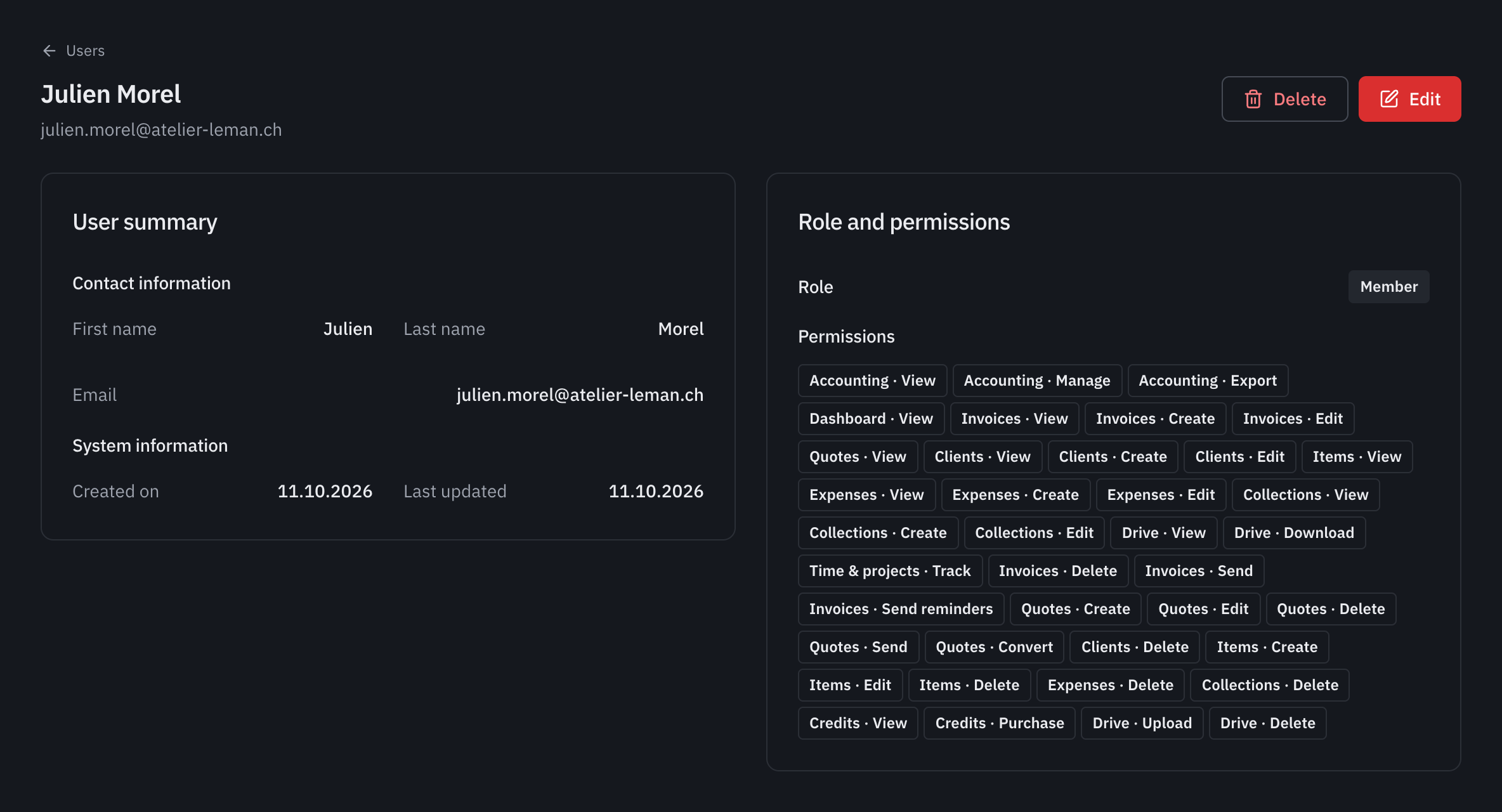 A user’s record: their summary, their contact details, their dates and their role with its permissions.