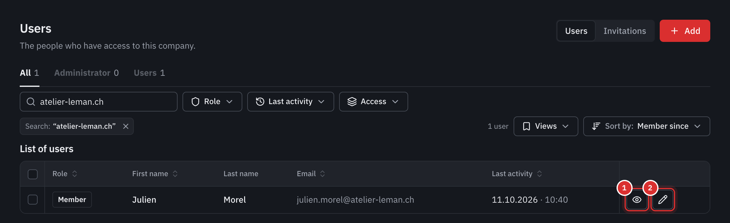 The list of users: each person’s role, first name, last name, email and last activity, with the Details and Edit buttons.