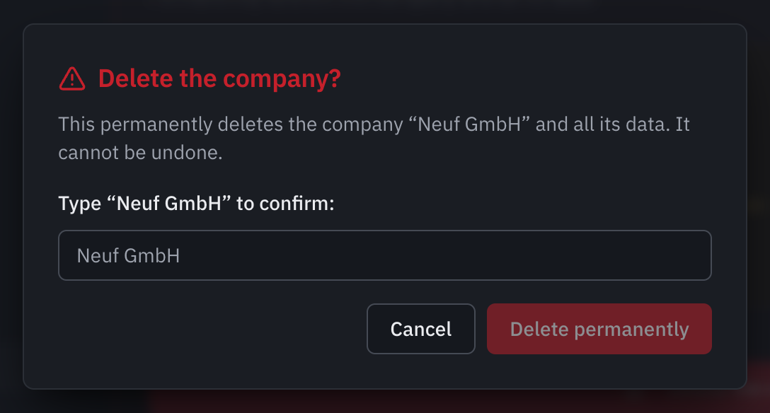 The Delete the company? window: the company’s name to type and the Delete permanently button.