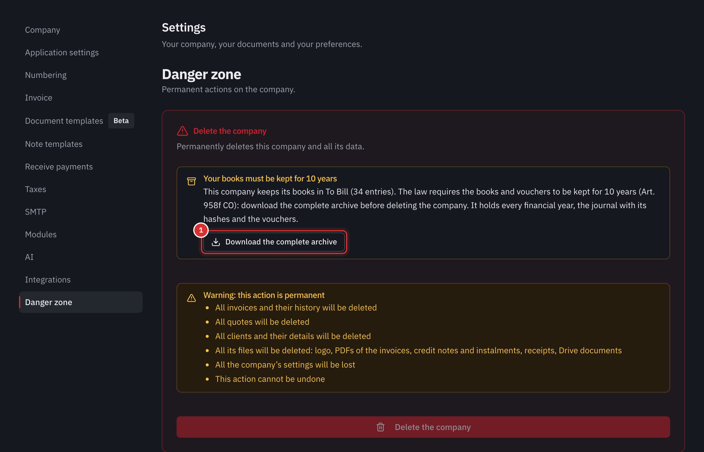 The danger zone, Delete the company part: the Your books must be kept for 10 years box with the Download the complete archive button, the list of what will be deleted, files included and the greyed-out Delete the company button.