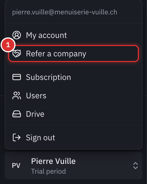 The account menu open at the bottom left, with the entry Refer a company under My account.