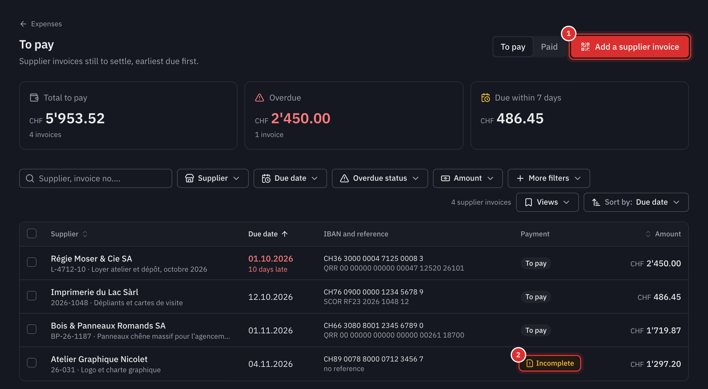 The To pay page: the total to pay, the amounts overdue and due within 7 days, then the invoices with their due date, their IBAN, their reference and their status.