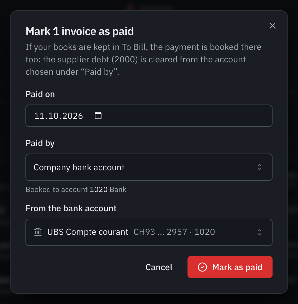 The Mark 1 invoice as paid window: the payment date, Paid by Company bank account, recorded on account 1020, and the UBS current account.