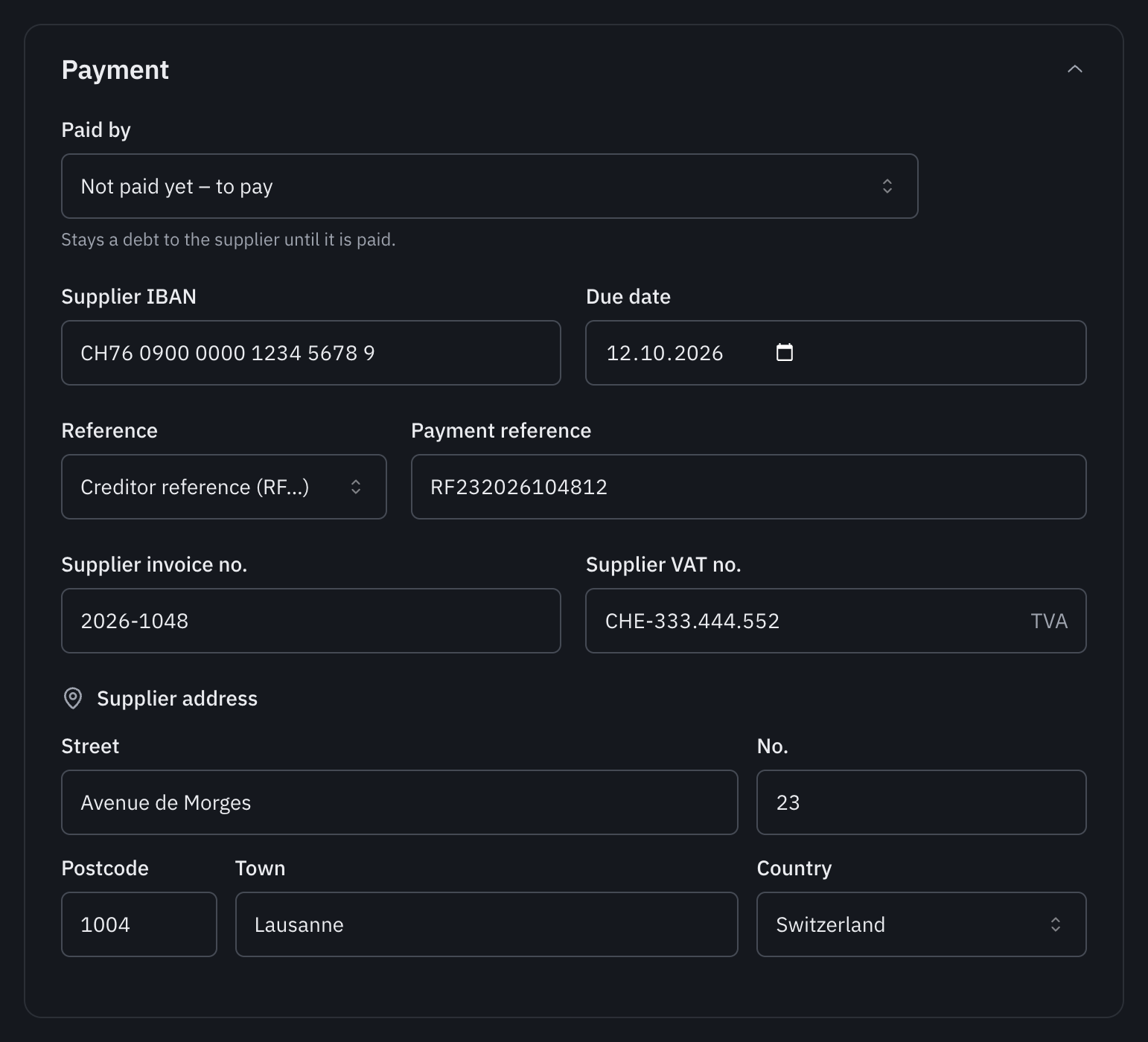 The Payment section of a supplier invoice: Not paid yet – to pay, the IBAN, the due date, the RF creditor reference, the invoice number, the VAT number and the supplier’s address.