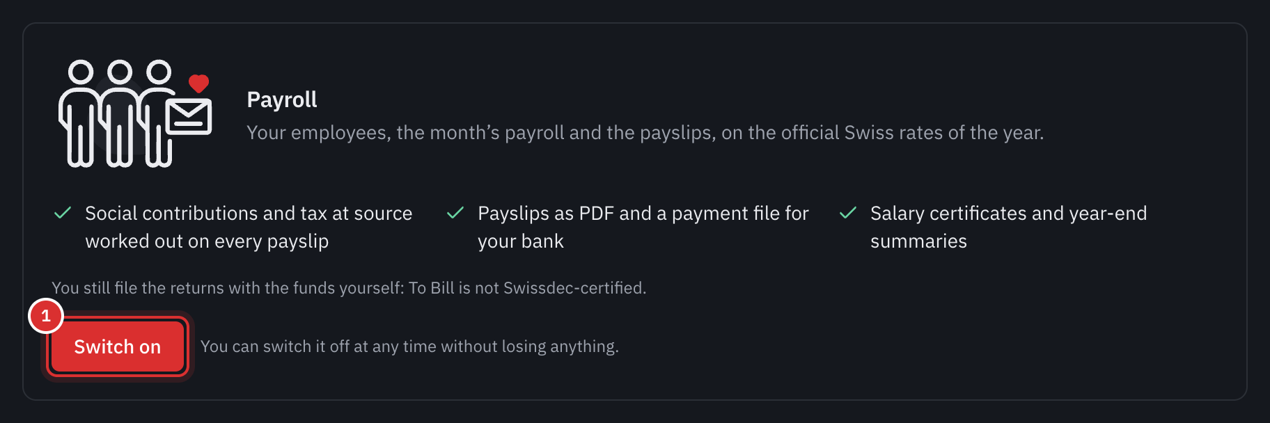 The Payroll card in Settings, Modules: what the module does, the Swissdec note and the Switch on button.