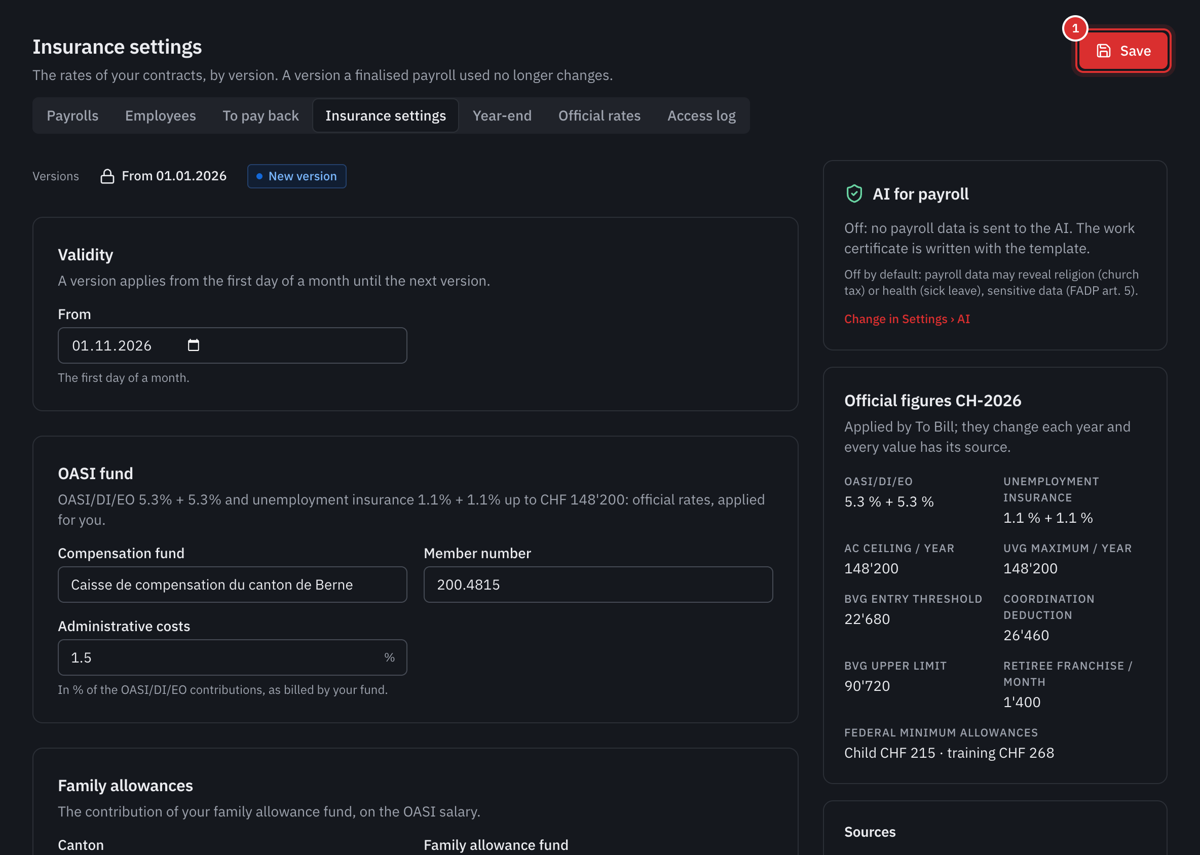 A new version of the insurance settings: the validity date, the OASI fund and, on the right, the year’s official figures.