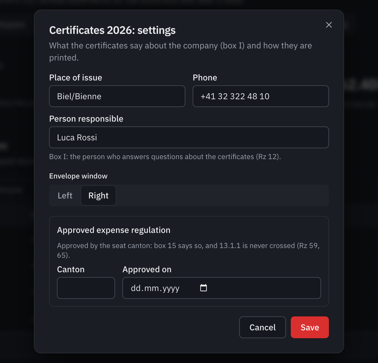 The Certificates 2026: settings window: place of issue, phone, person responsible, envelope window and approved expense regulation.