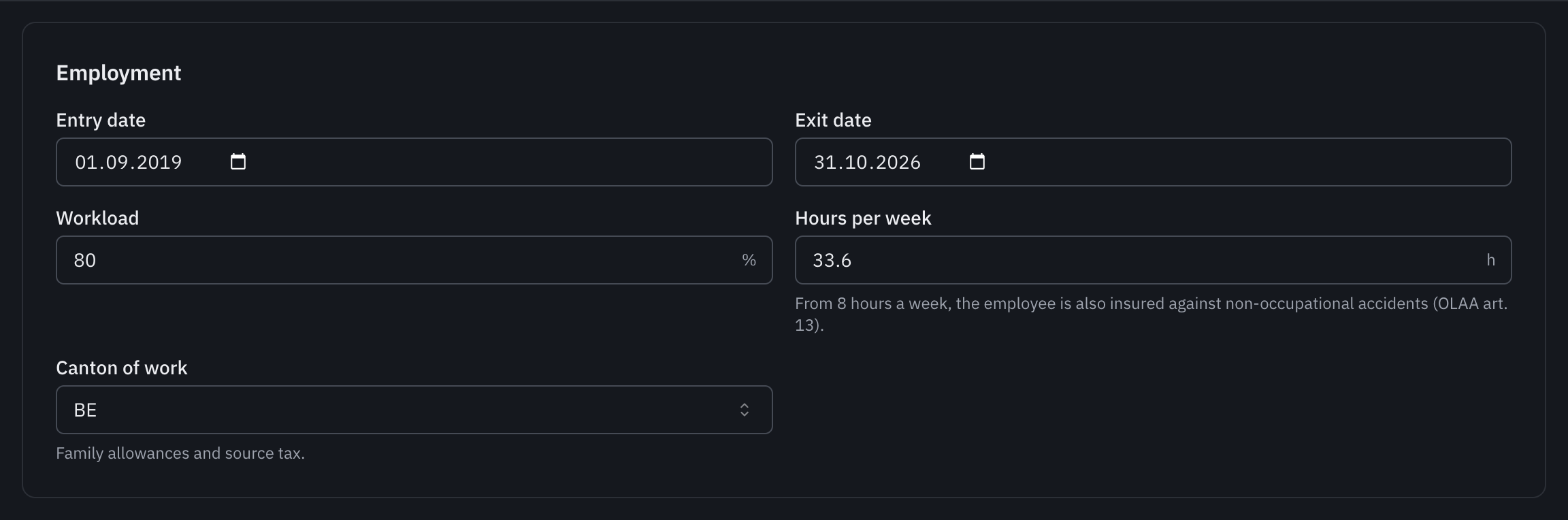 The Employment section: entry date, exit date, workload, hours per week and canton of work.