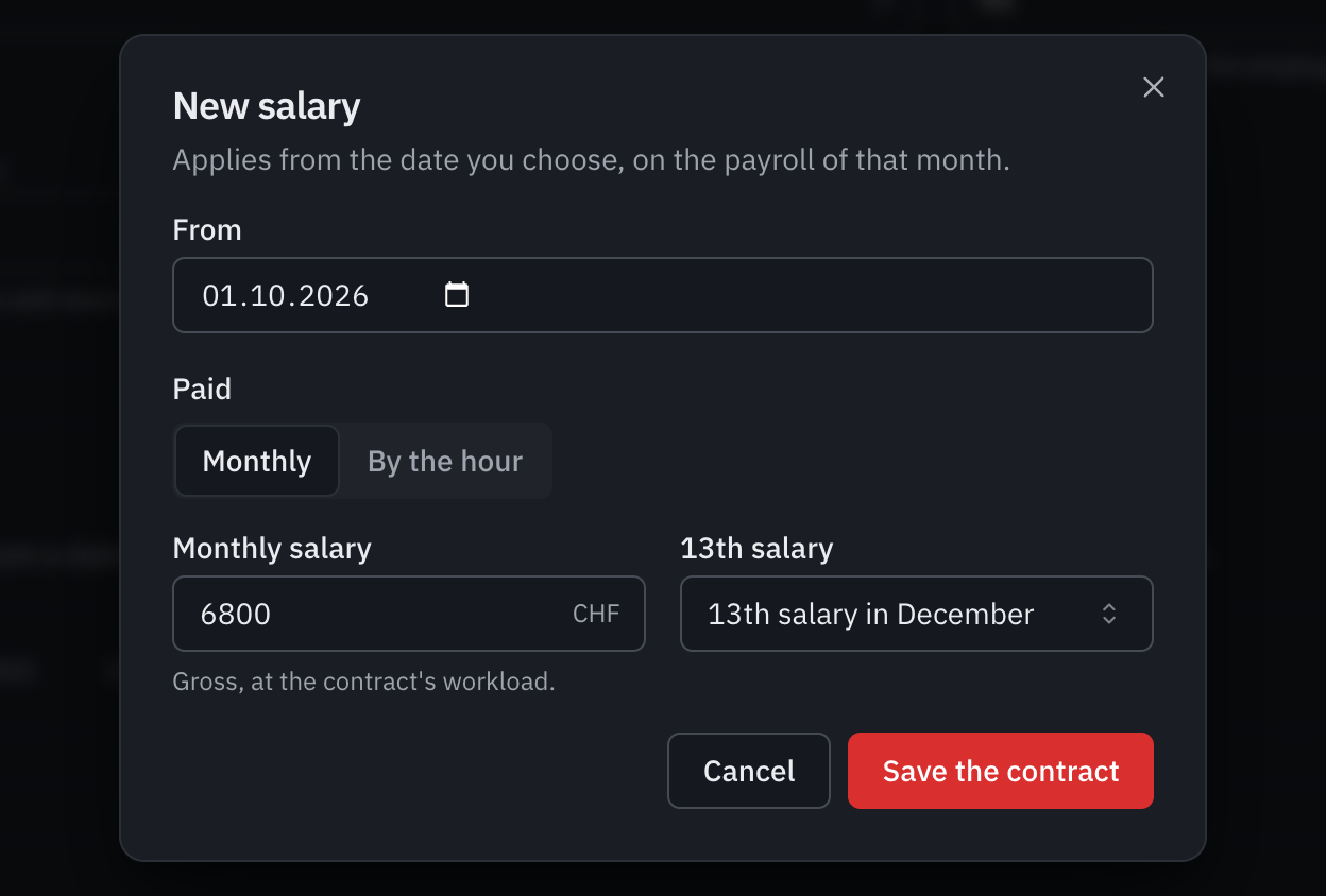 The New salary window: the effective date, the monthly salary and the 13th salary.