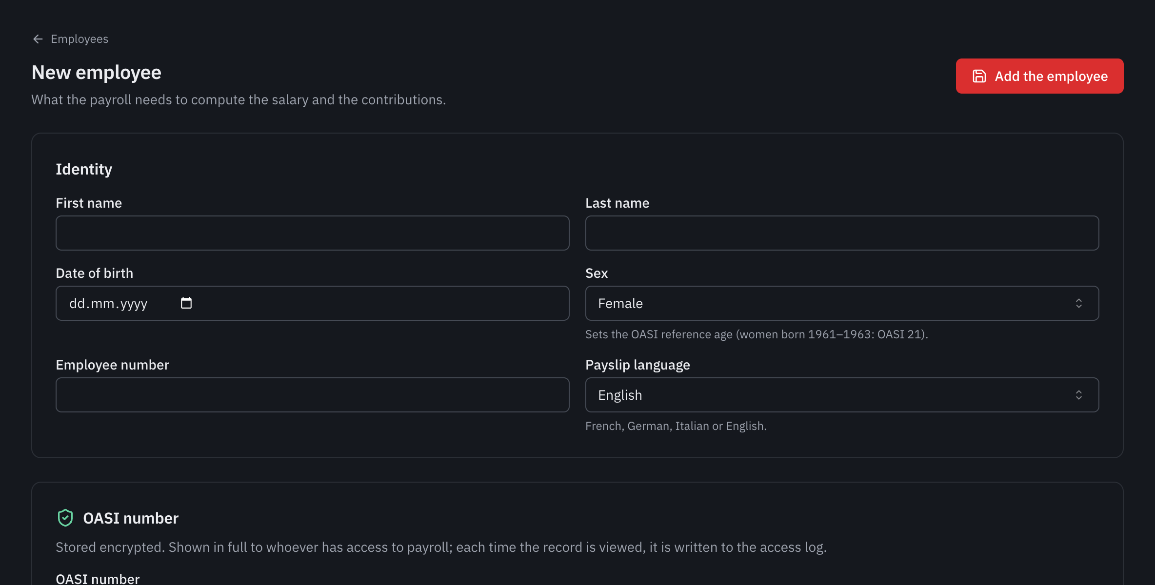 The New employee form: the Identity and OASI number sections.