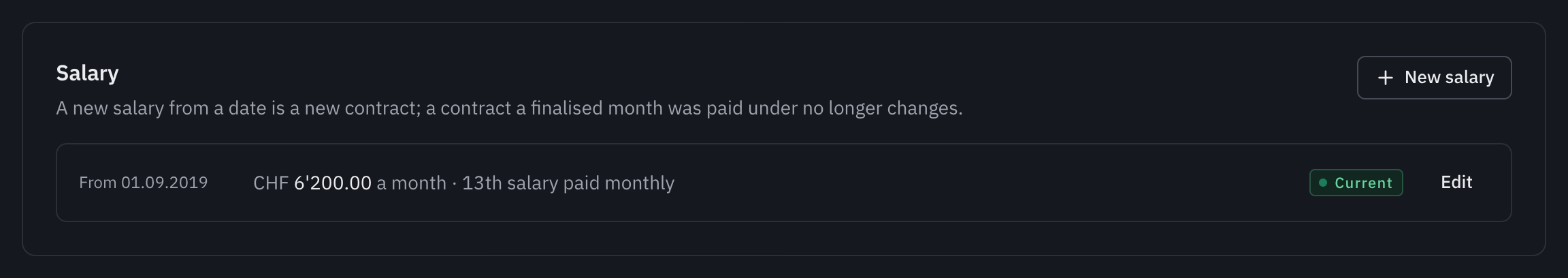 An employee’s Salary section: the contract in force and the New salary button.