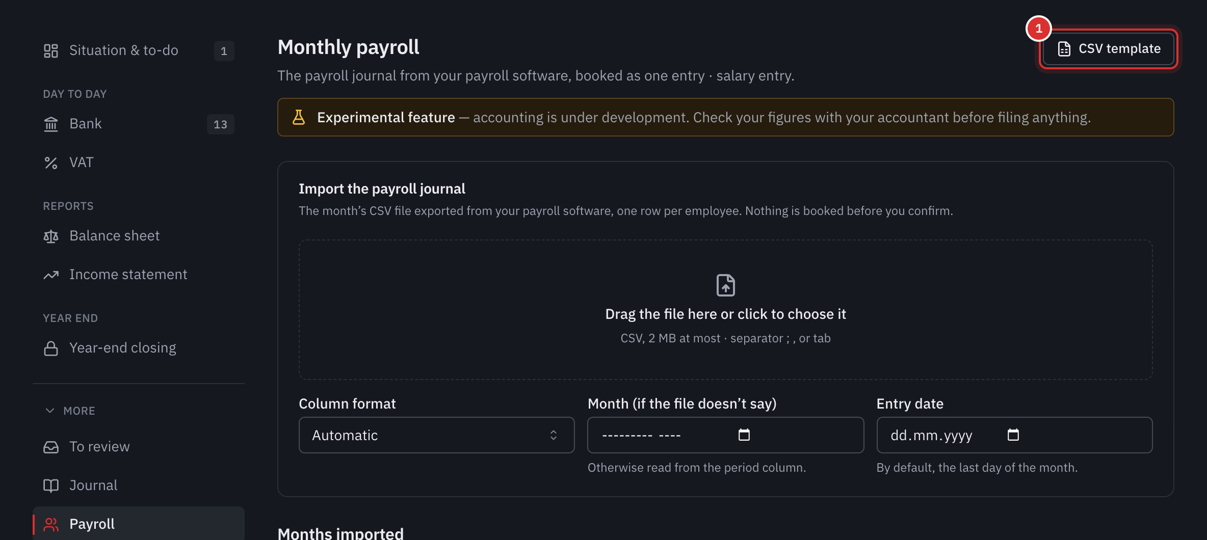 The accounting’s Monthly payroll page: the area to drop the journal, the column format, the month and the entry date.