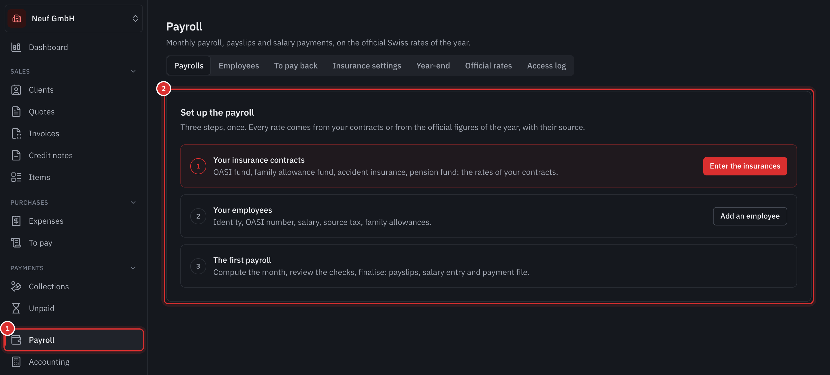 The Payroll page of a company that has just turned on the module: the Payroll menu and the three setup steps.