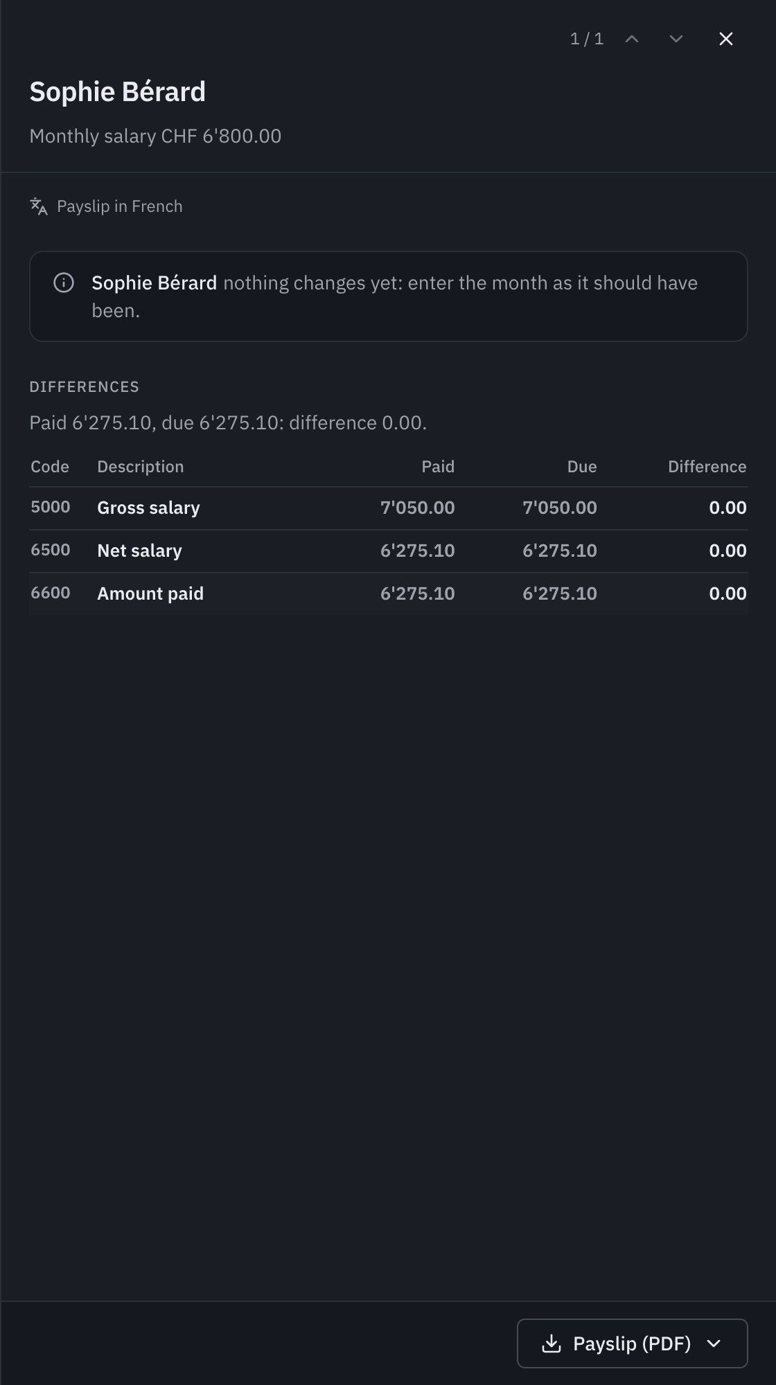 An employee’s correction payslip: the correct bonus entered, then the differences line by line, paid, due and difference, with the additional amount to pay.