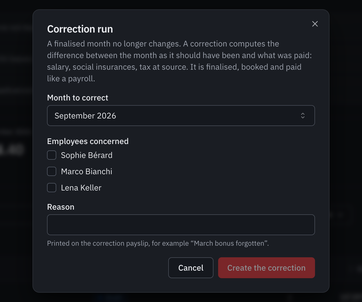 The Correction run window: the month to correct, the employees concerned and the reason.