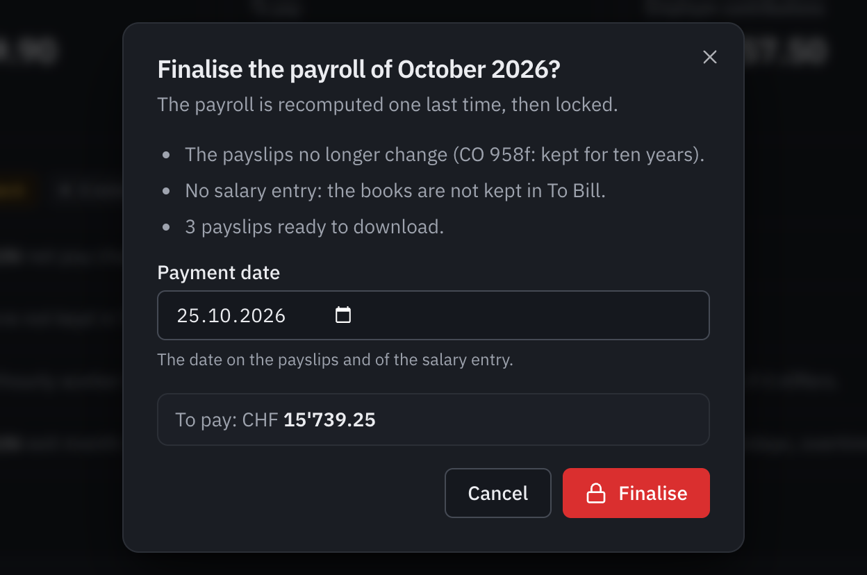 The Finalise the payroll window: what is going to happen, the payment date and the amount to pay.