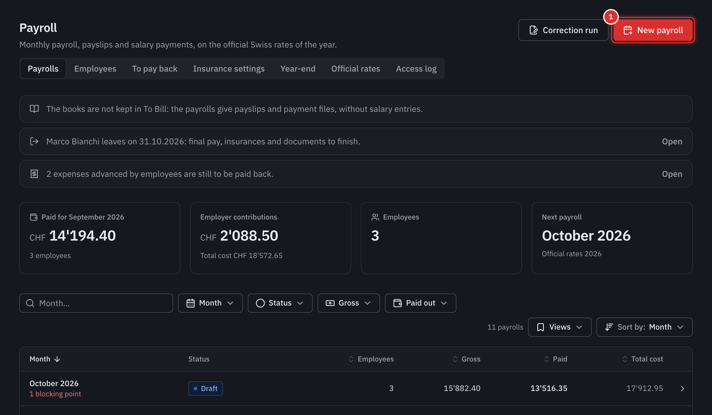 The Payroll page: the figures of the last month paid, the next payroll and the list of payrolls, with the New payroll button.