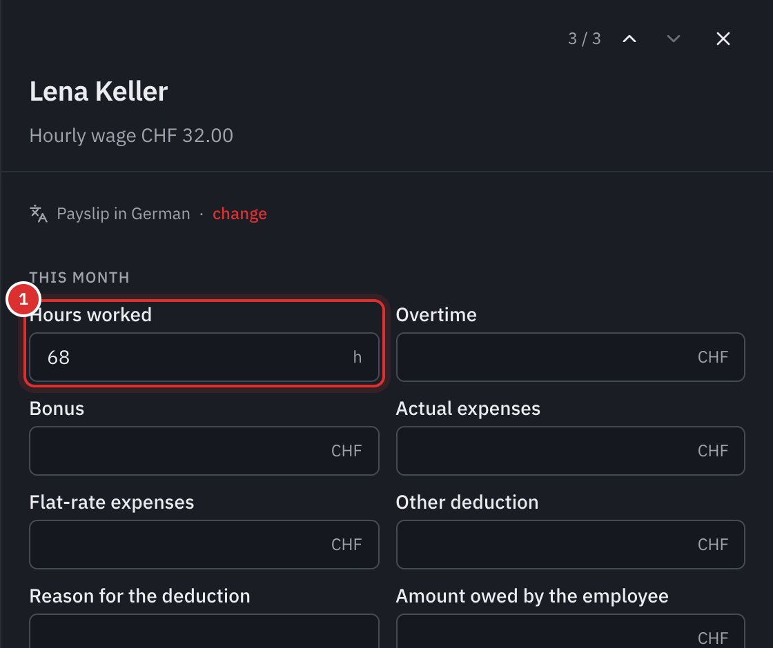 The payslip of an employee paid by the hour: the month’s entries, with 68 hours worked, her checks and her payslip.
