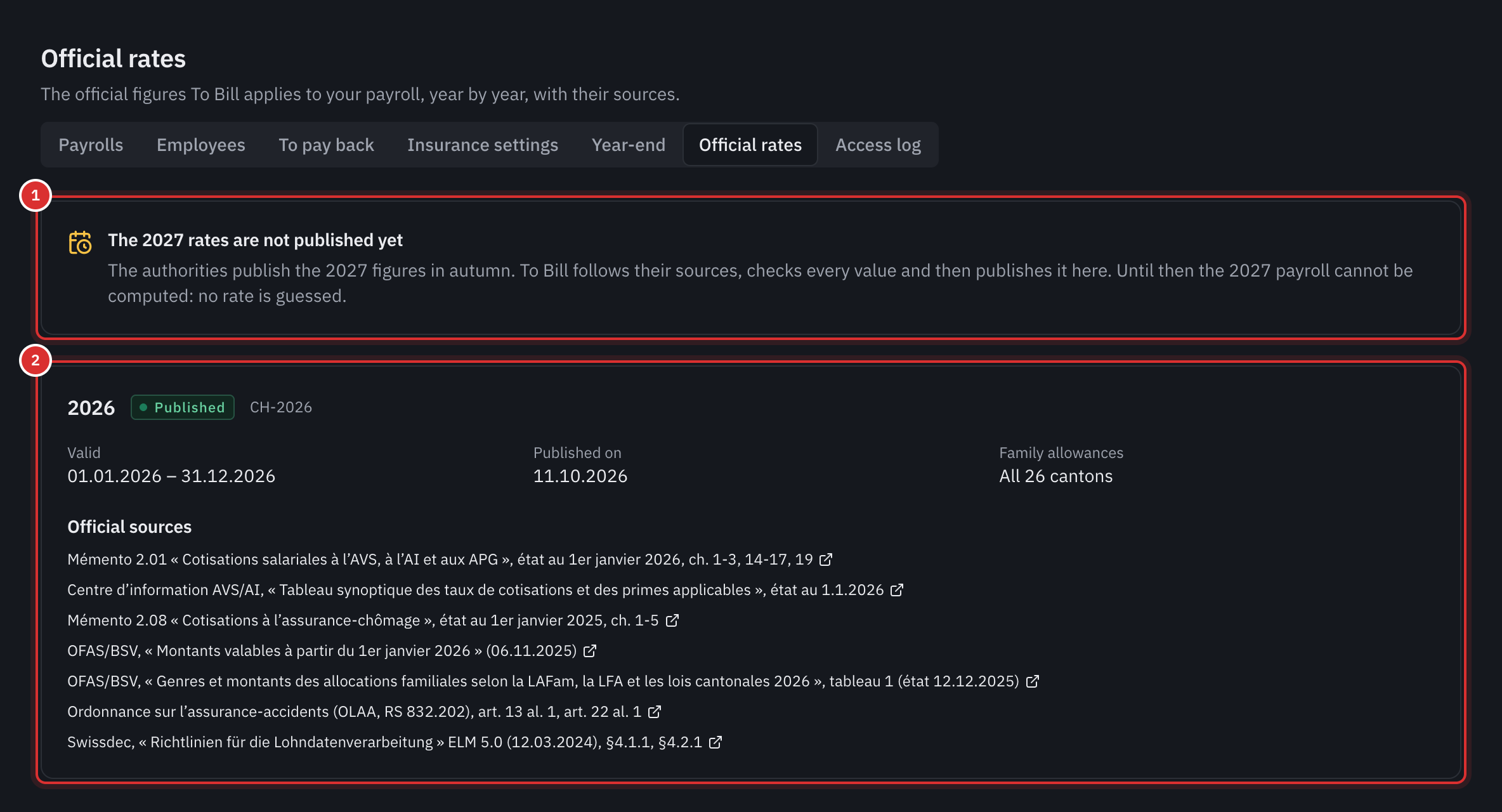 The Official rates page: the box for the 2027 rates not yet published (1), then the published year 2026 with its period, publication date, the 26 cantons and its official sources (2).