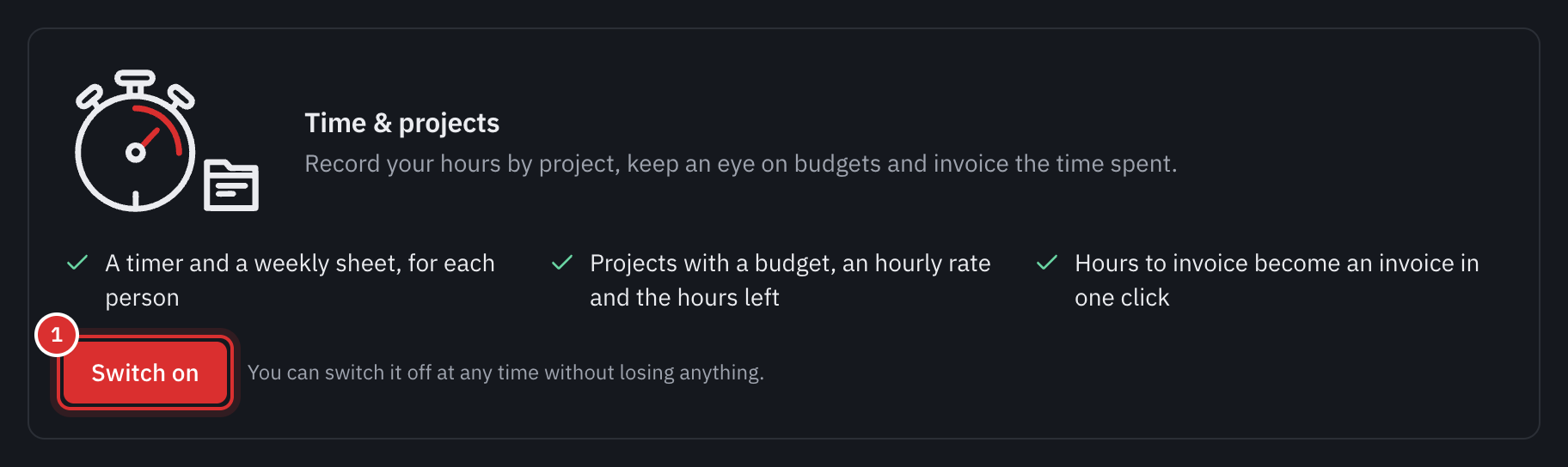 The Time & projects card in Settings, Modules, with the Switch on button.