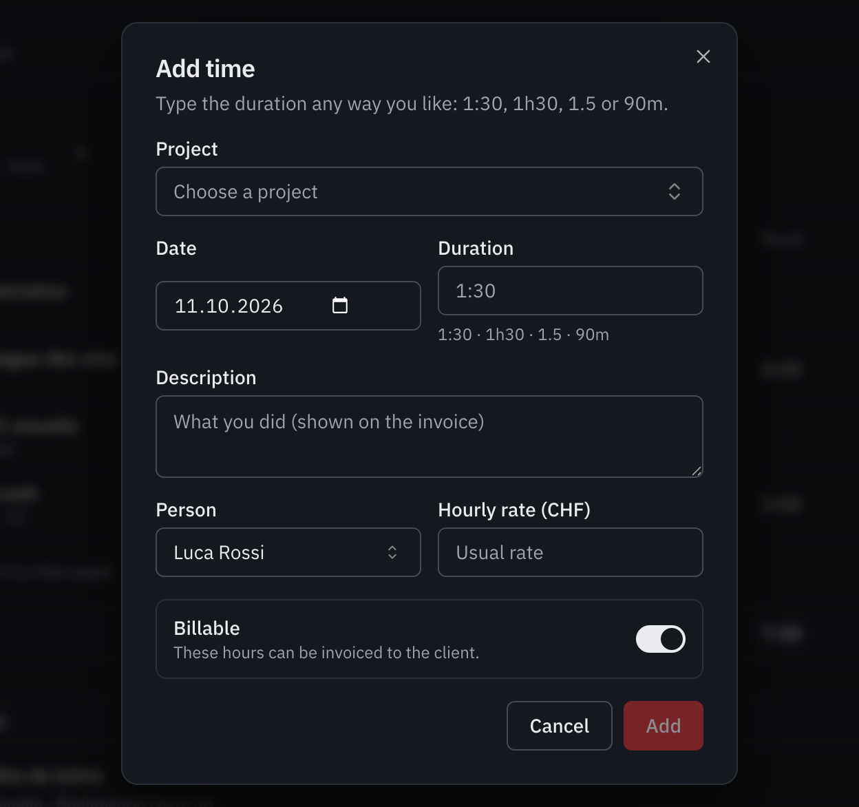 The Add time window: project, date, duration, description, person, hourly rate and billable.