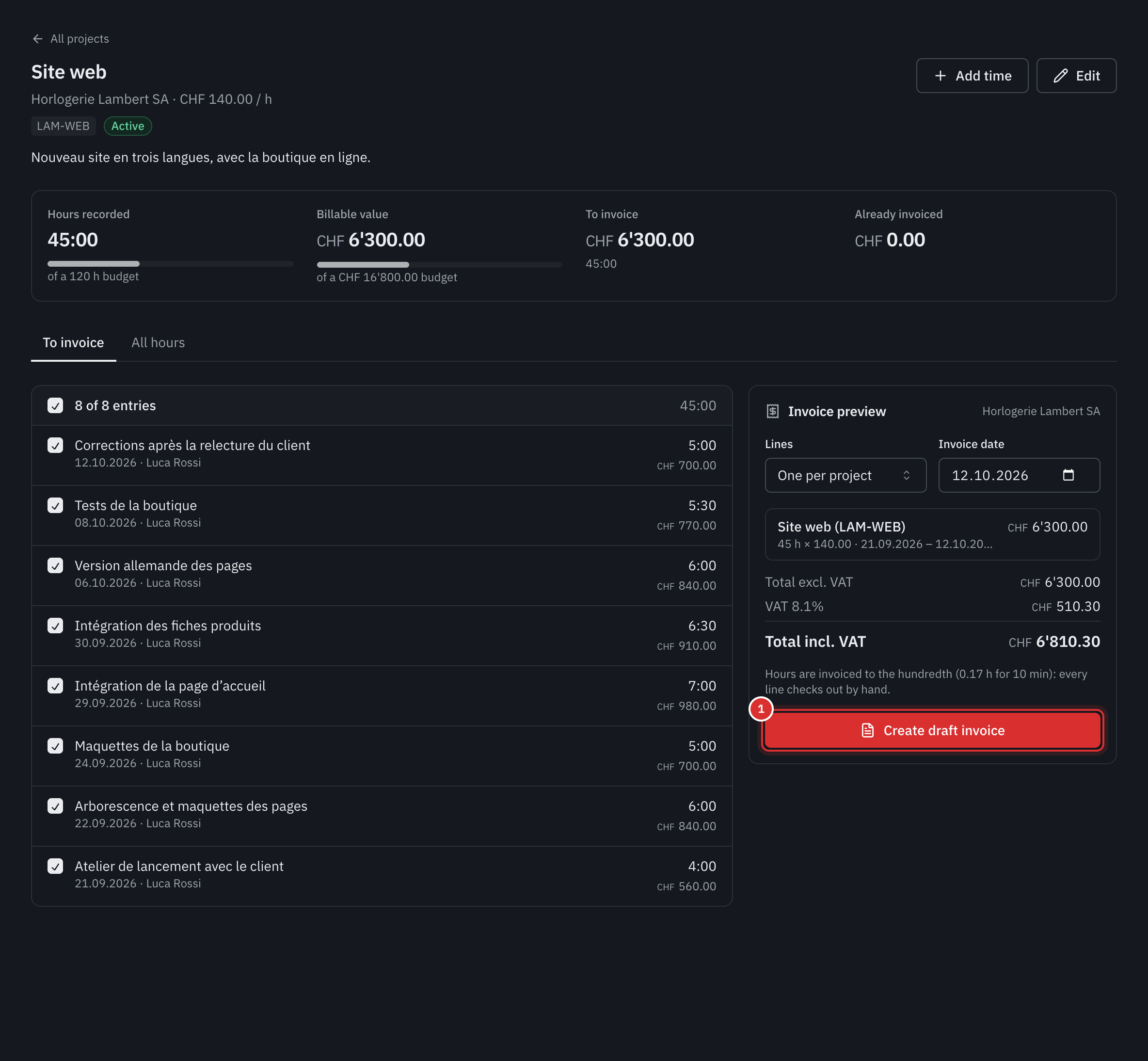 A project’s To invoice tab: the ticked hours on the left, the invoice preview on the right with the total incl. VAT and the Create draft invoice button.