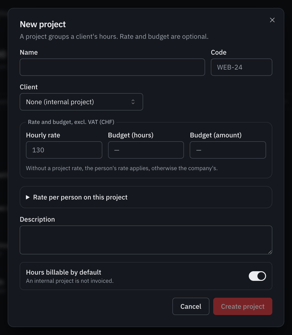 The New project window: name, code, client, rate and budget, rate per person, description and hours billable by default.