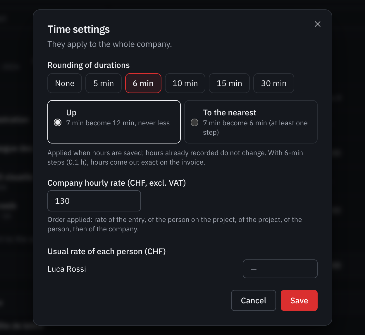 The Time settings window: rounding of durations, rounding direction, the company hourly rate and each person’s usual rate.