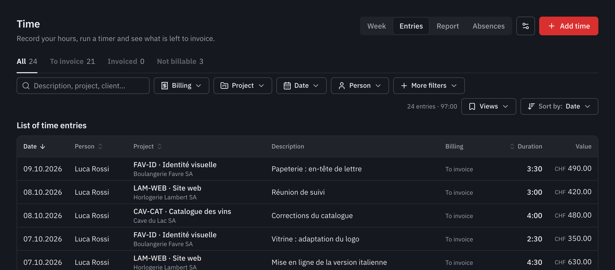 The Entries tab: the All, To invoice, Invoiced and Not billable tabs, the filters and the list of entries with their value.