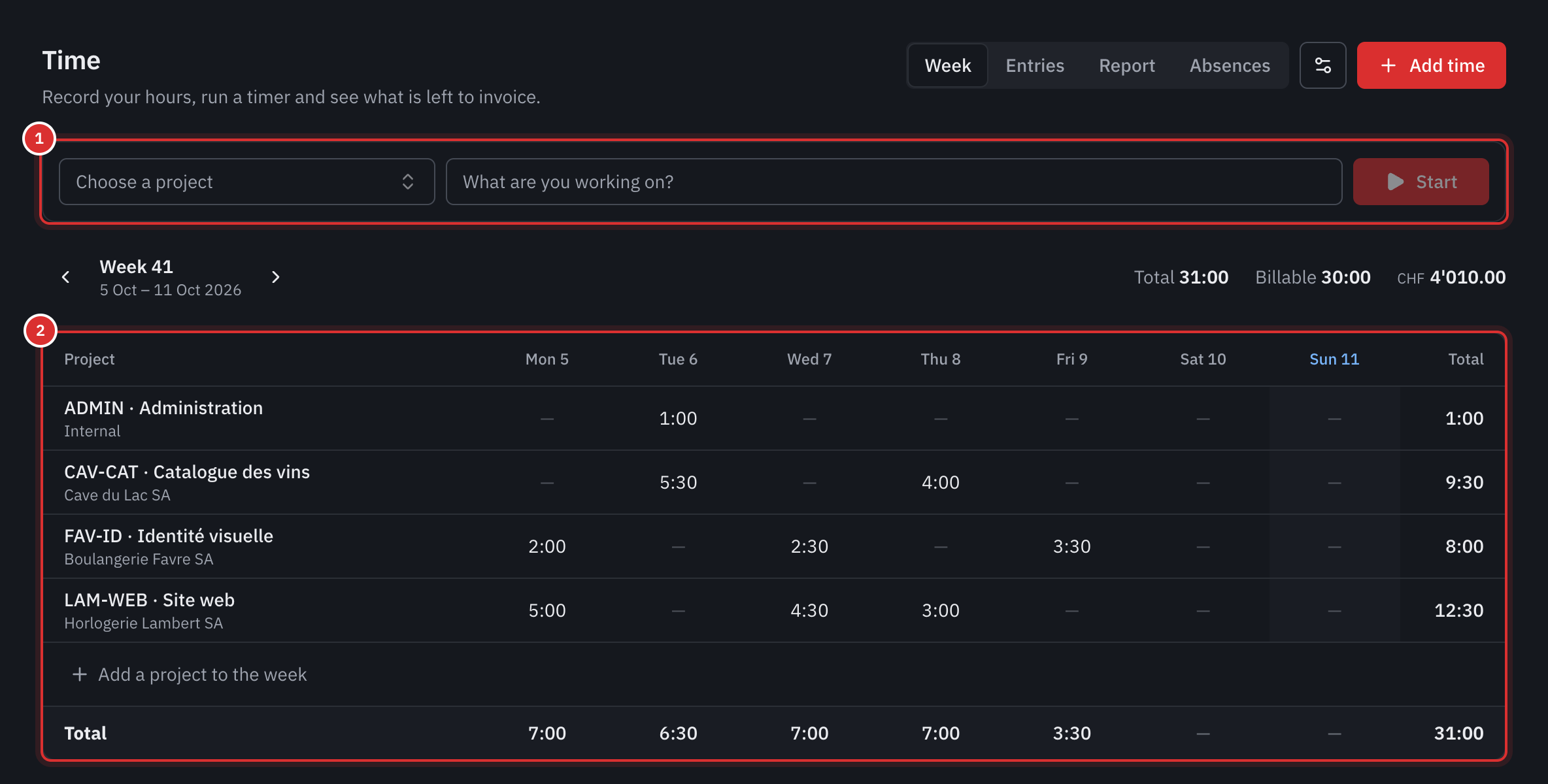 The Time page, Week tab: the timer, then the grid with one row per project, the hours of each day and the totals.