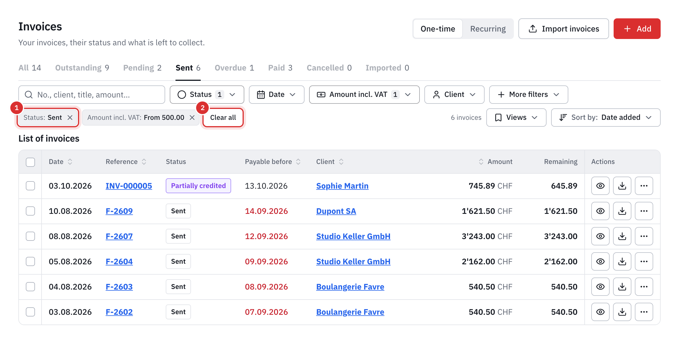 Two active filters, Status Sent and Amount incl. VAT from 500, with Clear all and the list reduced to five invoices.