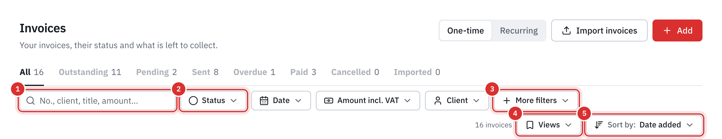 The toolbar of the list of invoices: the search, the Status, Date, Amount incl. VAT and Client filters, More filters, Views and Sort by.