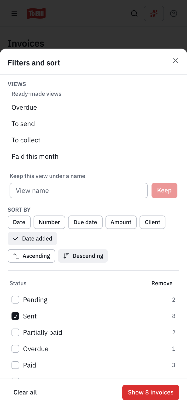 The Filters and sort panel on a phone: the views, the sort order and the Status filter, with the Show 7 invoices button.