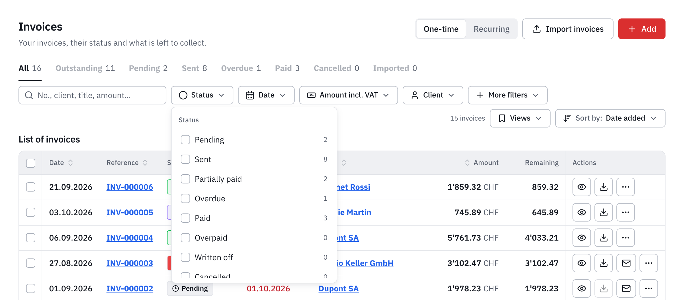 The Status filter open: Pending, Sent, Partially paid, Overdue, Paid, with their number.