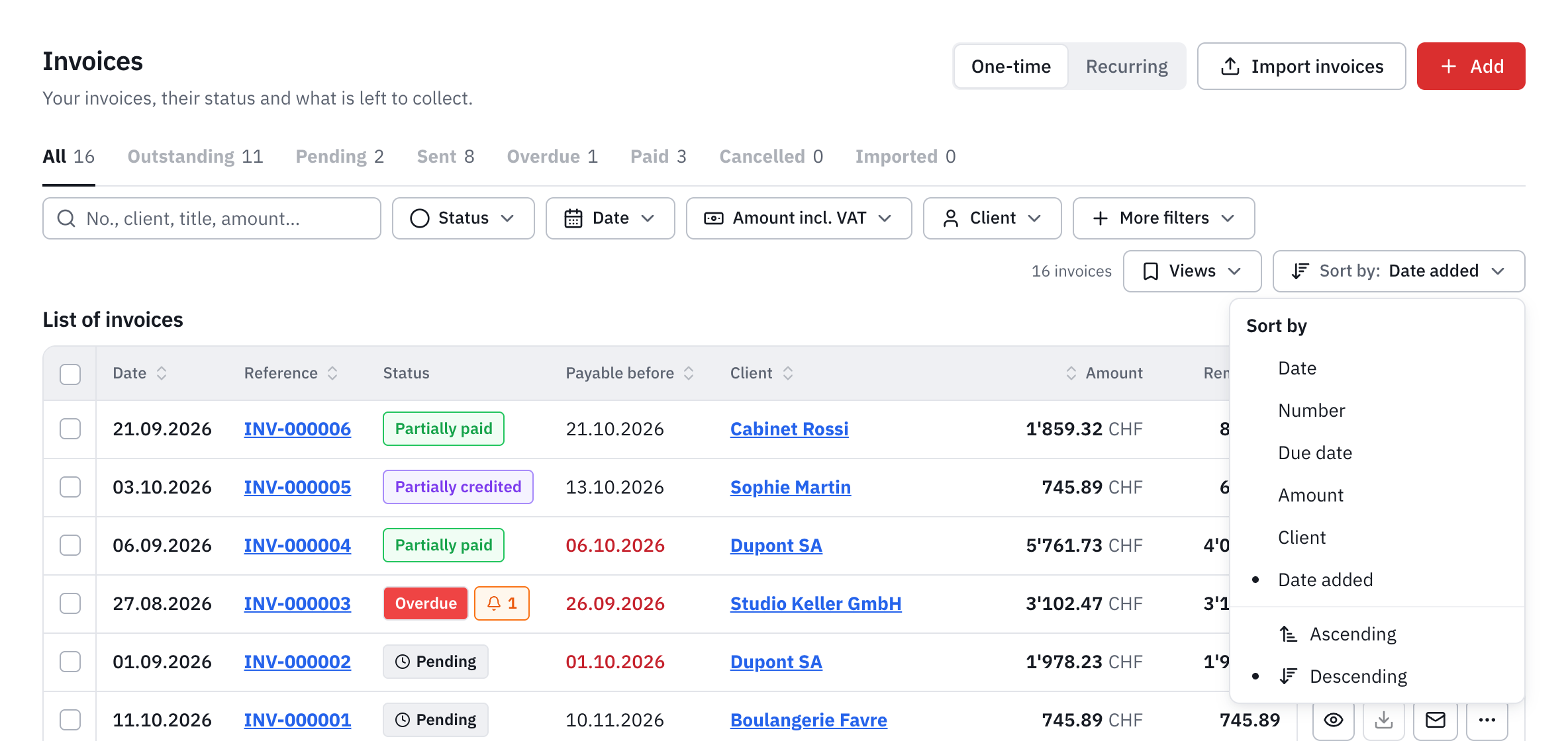 The Sort by menu open: Date, Number, Due date, Amount, Client, Date added, then Ascending and Descending.