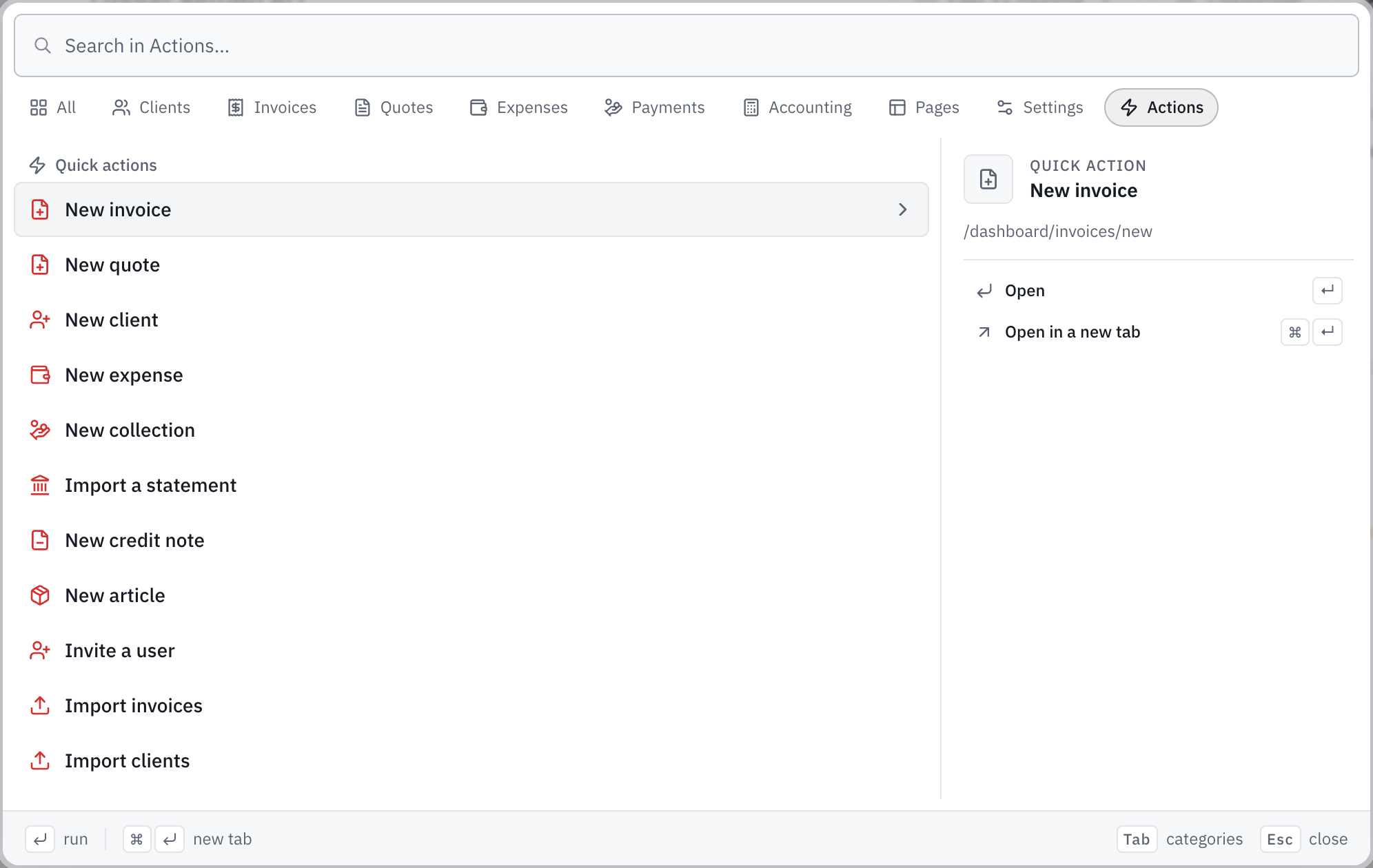 The Actions category: the list of quick actions, from New Invoice to Import clients.