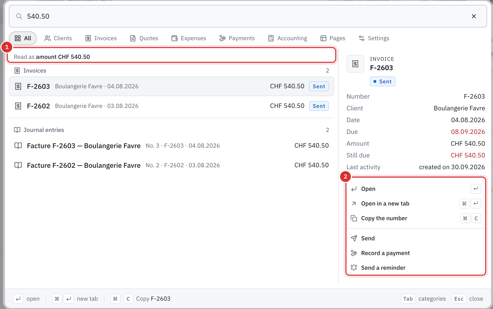 The search for the amount 540.50: the Read as amount line, the invoices and entries found, and the preview with its actions.