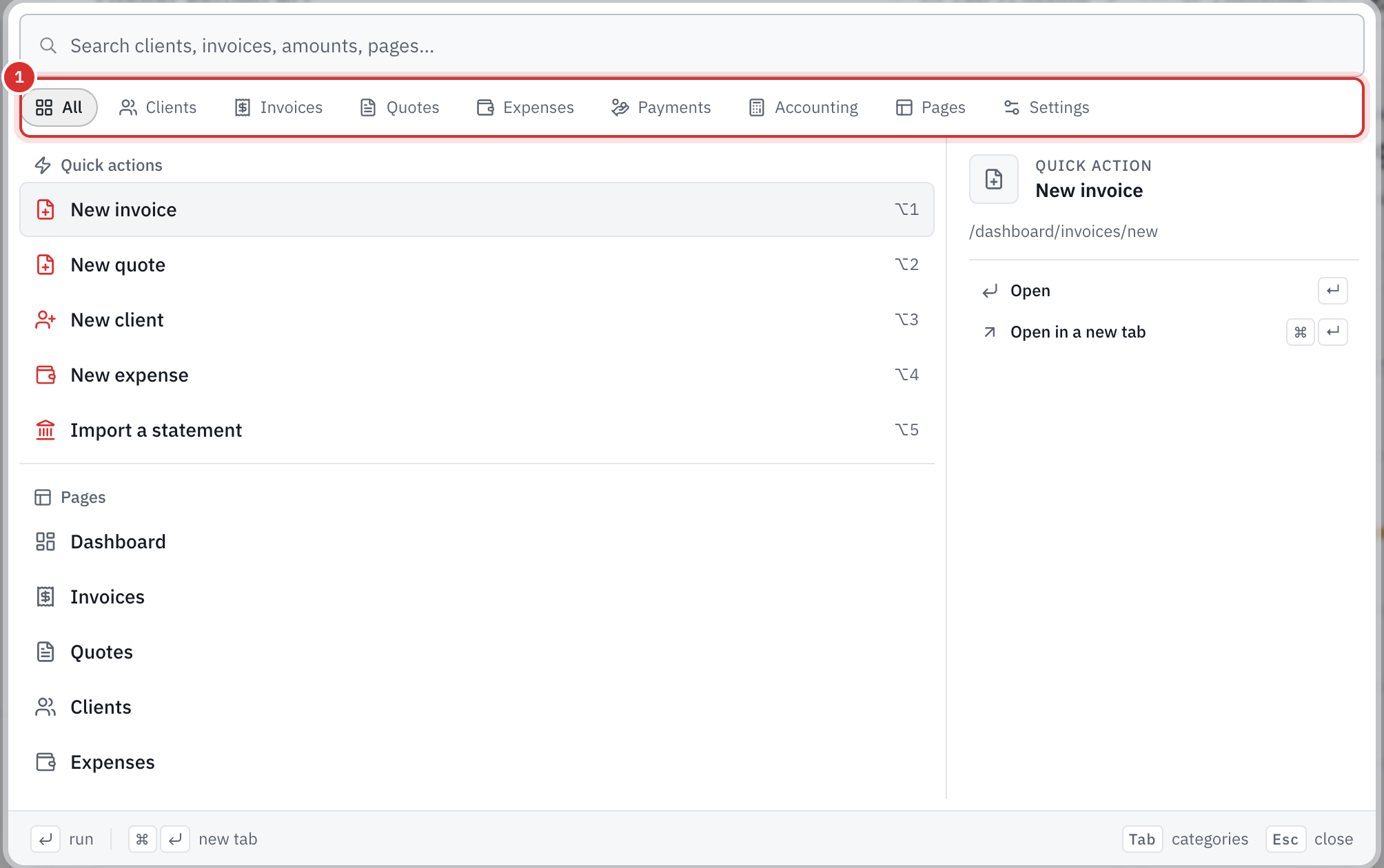 The search open: the categories, the quick actions and the pages, with the preview on the right.