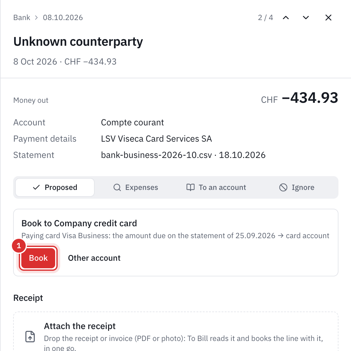 The panel of a bank line of 434.93, LSV Viseca Card Services SA: the suggestion Book to Company credit card, paying the card Visa Business, the amount due on the statement of 25.09.2026, and the Book button.