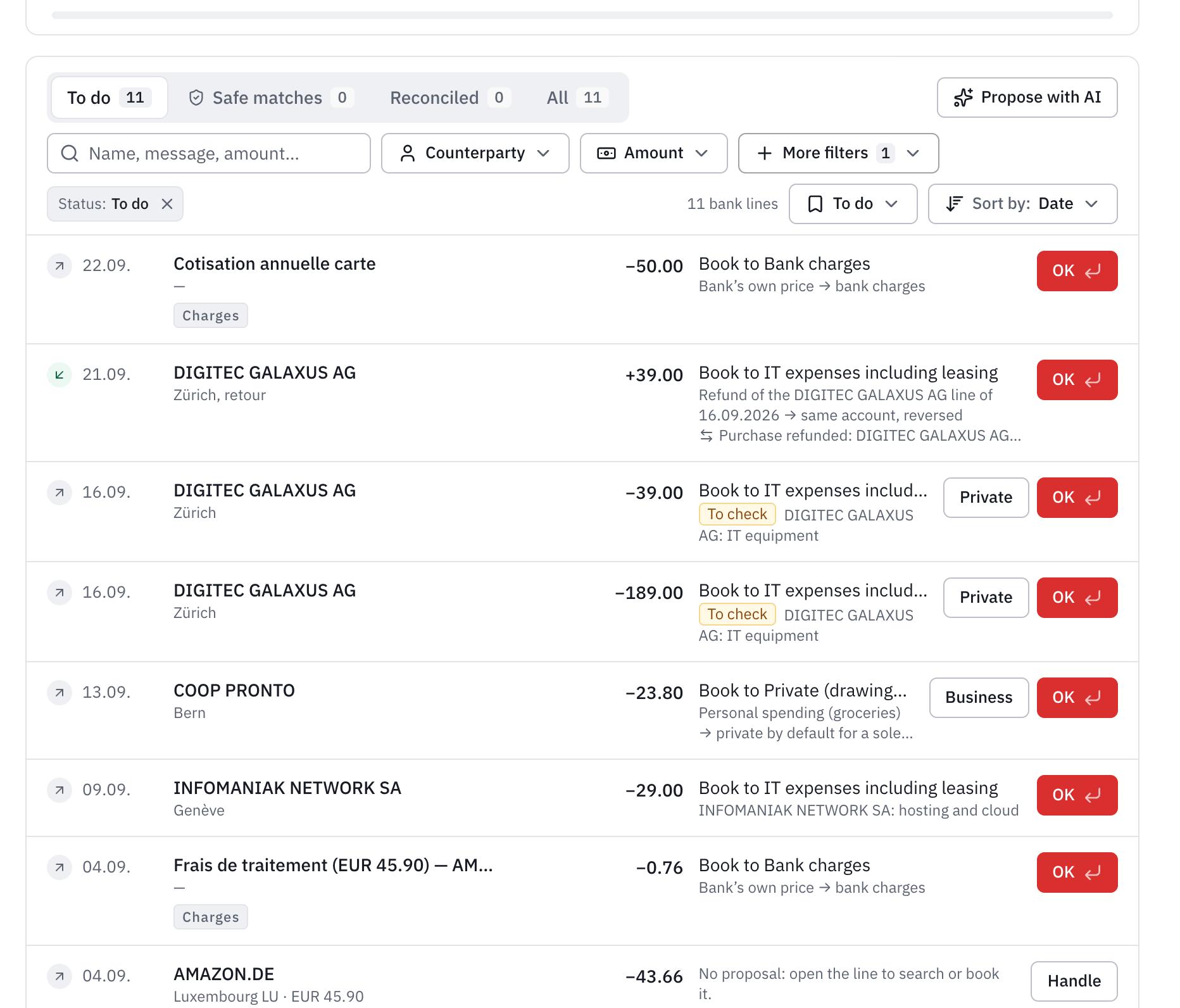 The lines of the Visa Business card to handle: the annual fee and a processing fee suggested as bank charges, a refund from Digitec Galaxus on the purchase’s account, Infomaniak on IT costs and an Amazon purchase in euros.