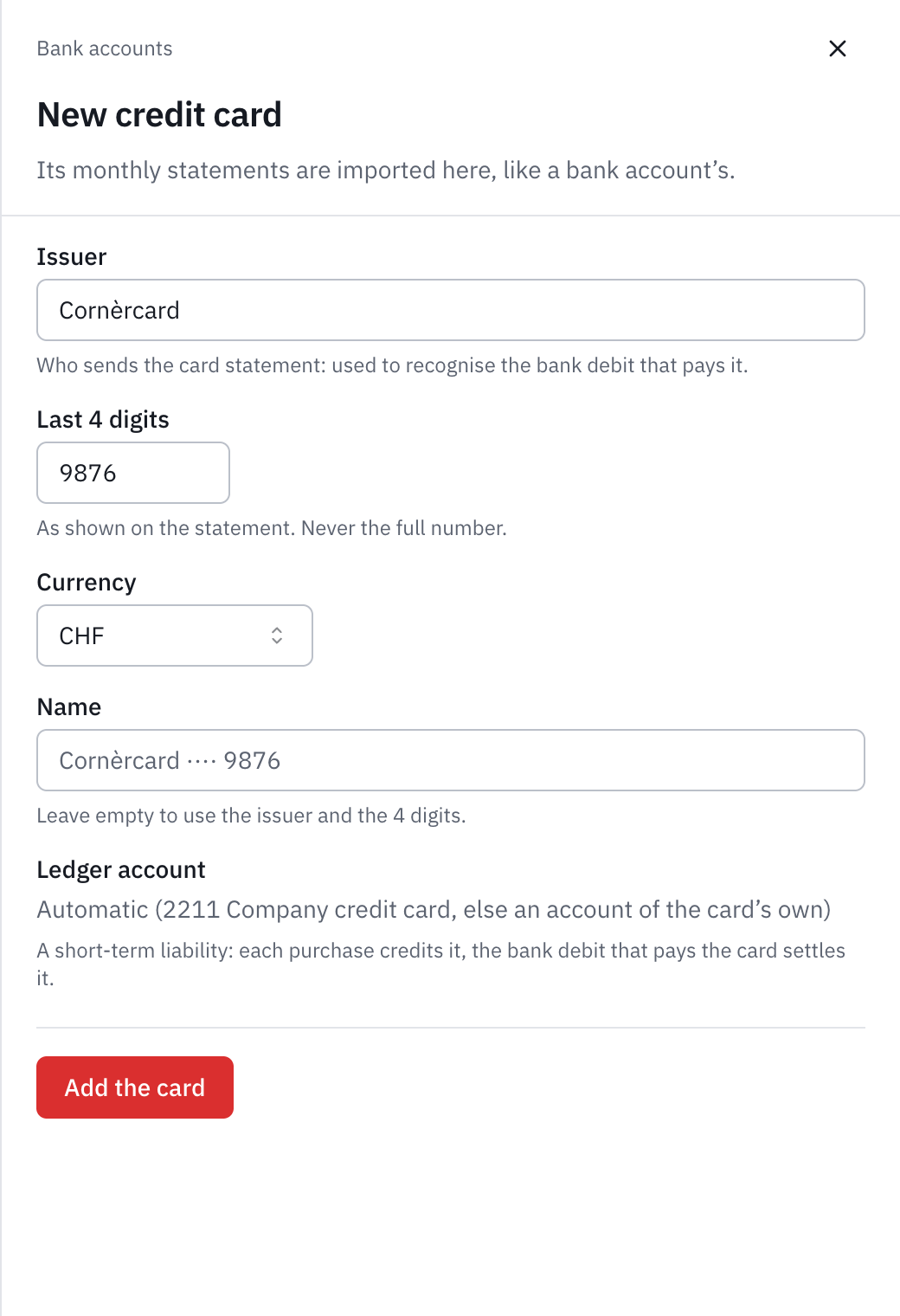The New credit card form: the issuer Cornèrcard, the last 4 digits 9876, the currency, the automatic ledger account and the Add the card button.