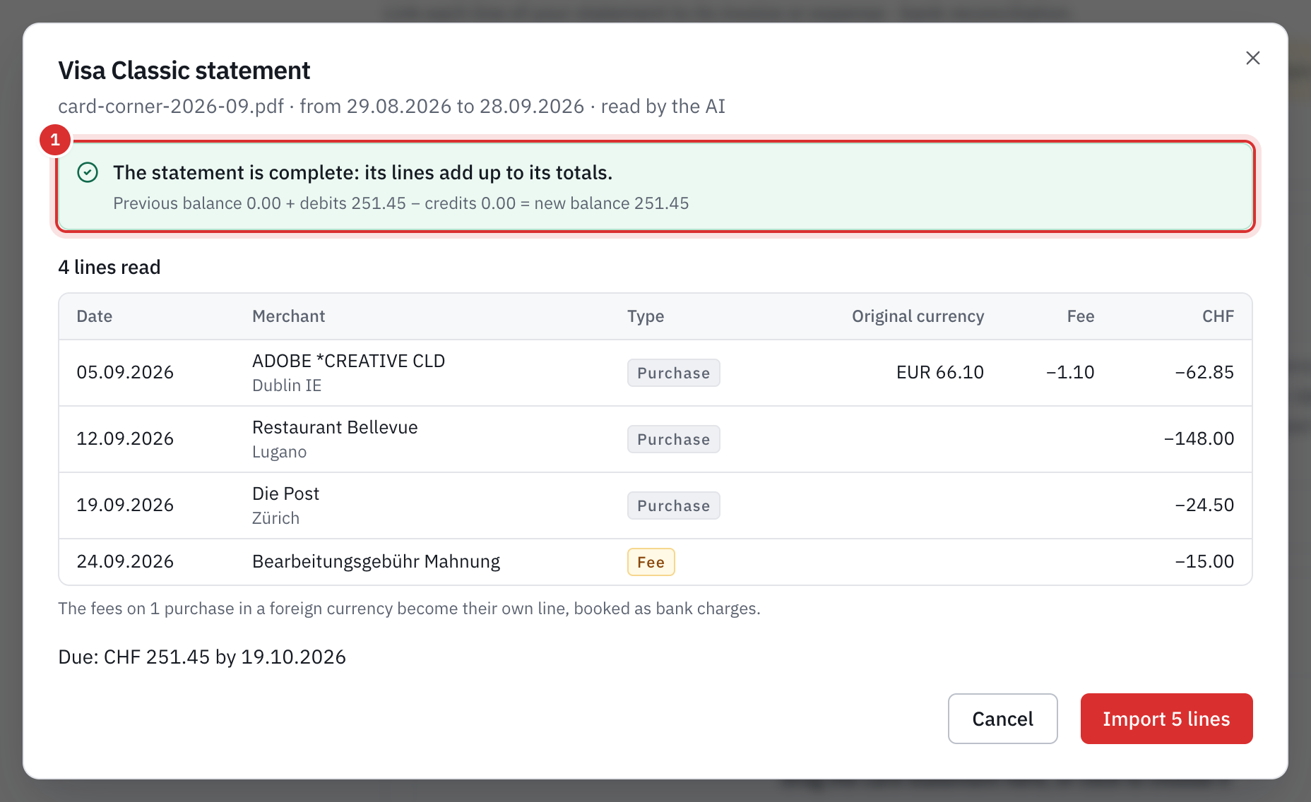 The Visa Classic statement window: the statement read by the AI, the check The statement is complete with the calculation of the new balance, four lines read including a purchase in euros and its fee, the amount to pay and the Import 5 lines button.