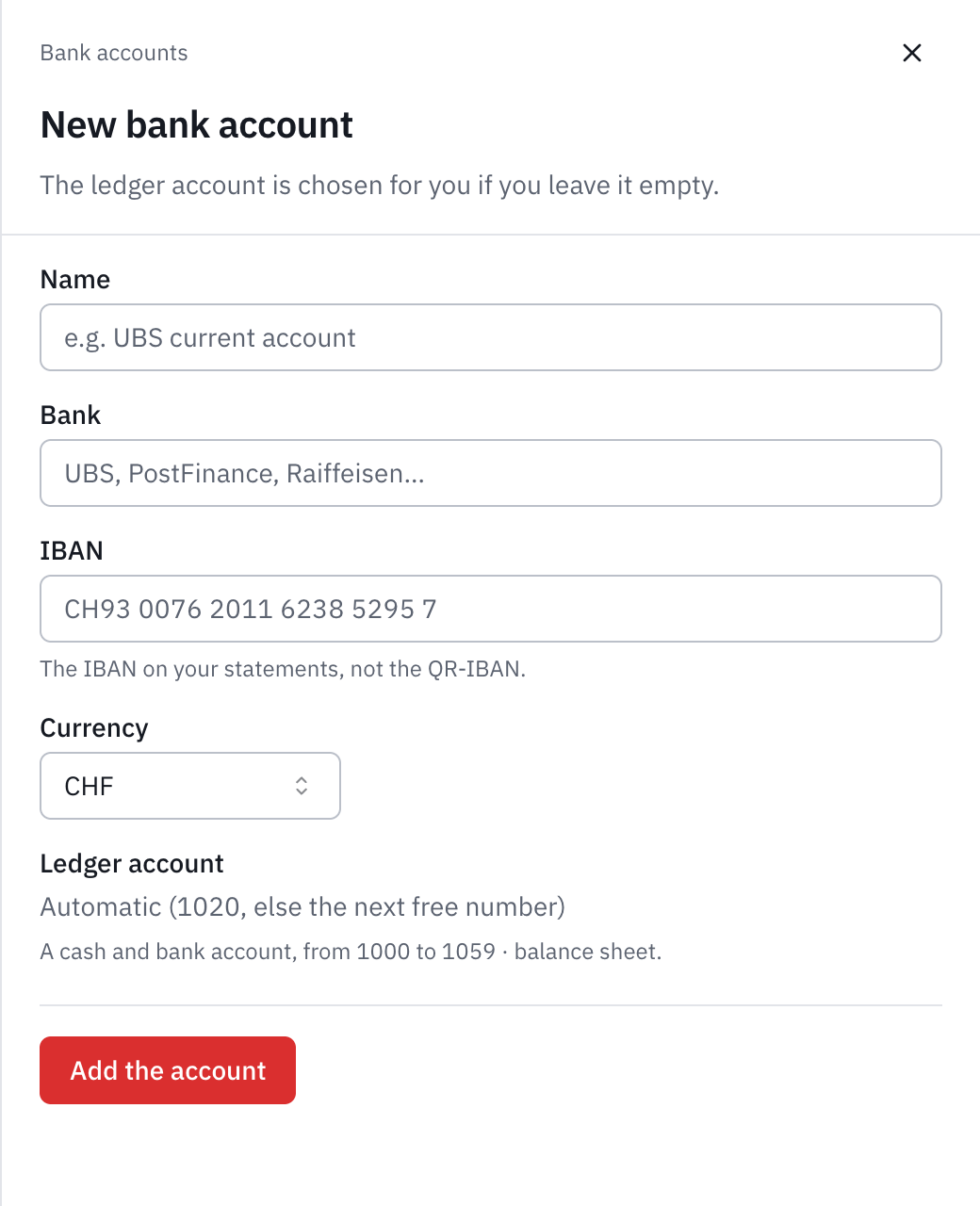 The New bank account form: the name, the bank, the IBAN, the currency, the automatic ledger account and the Add the account button.