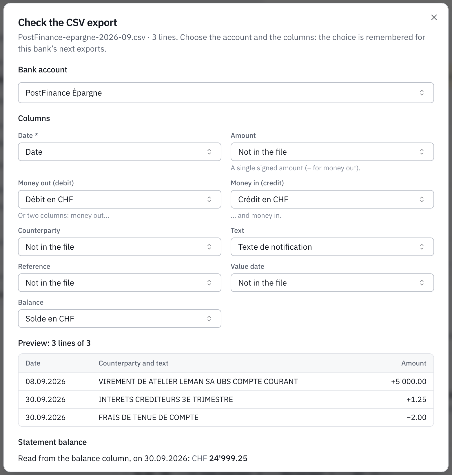 The Check the CSV export window: the PostFinance Épargne bank account, the Date, Money out, Money in, Text and Balance columns, a preview of three lines and the balance read from the file.