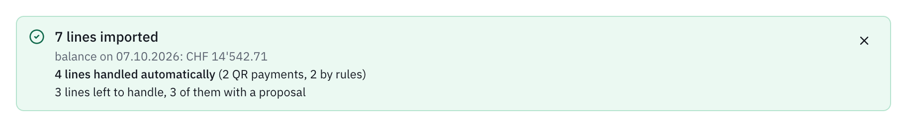The import summary: 7 lines imported, the balance on 07.10.2026, and 4 lines handled automatically, including 2 QR payments and 2 lines booked by rules.