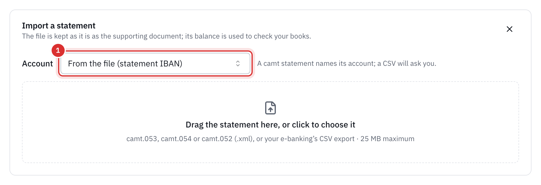 The Import a statement box: the choice of account, From the file (statement IBAN), and the area to drop the file, camt.053, camt.054 or camt.052, or CSV export, 25 MB maximum.