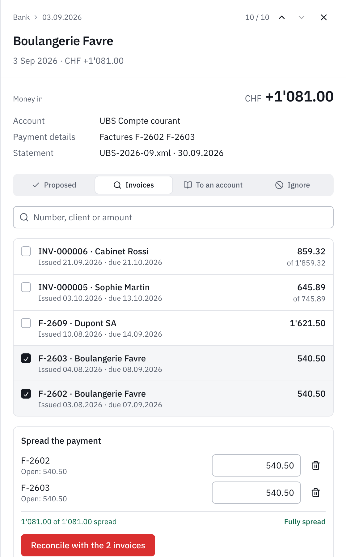 The Invoices choice: F-2603 and F-2602 from Boulangerie Favre ticked, the payment spread, 540.50 each, and the Reconcile with the 2 invoices button.