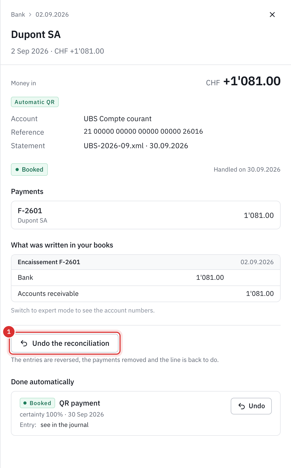 A line reconciled automatically by its QR reference: the payment of invoice F-2601, the entry Bank against Accounts receivable, and the Undo the reconciliation button.
