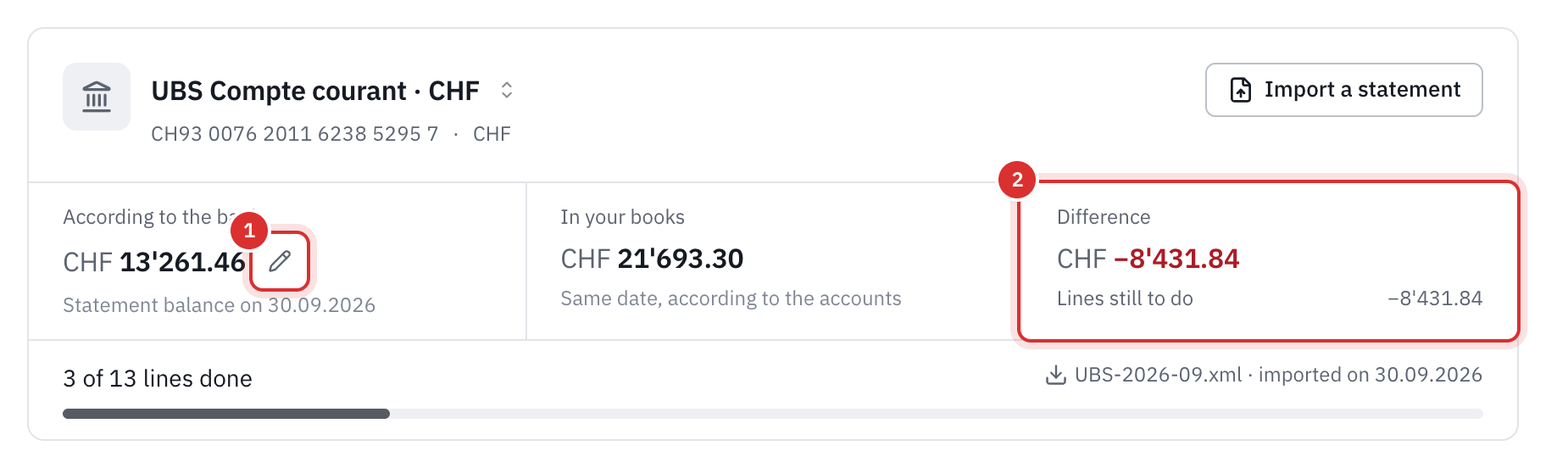 The top of the Statement tab: the balance according to the bank, with the pencil to enter it, the balance in your books, the difference and its explanation, and the progress of the reconciliation.